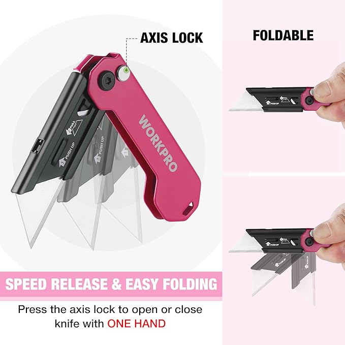 WORKPRO 2PCS EDC Folding Utility Knife, Mini Box Cutter with Quick Open Axis Lock, Quick Change Blade Razor Knife, Foldable Small Pocket Knife with Belt Clip, 2 Packs with 10 Extra Blades