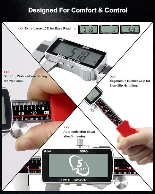 Digital Caliper, 6 Inch Rechargeable & Power Indicator Caliper Measuring Tool - 0.01mm Accuracy, Large LCD Vernier Calipers - IP54 & Stainless Steel, MM/Inch/F for Metal & Wood Working, 3D Printing