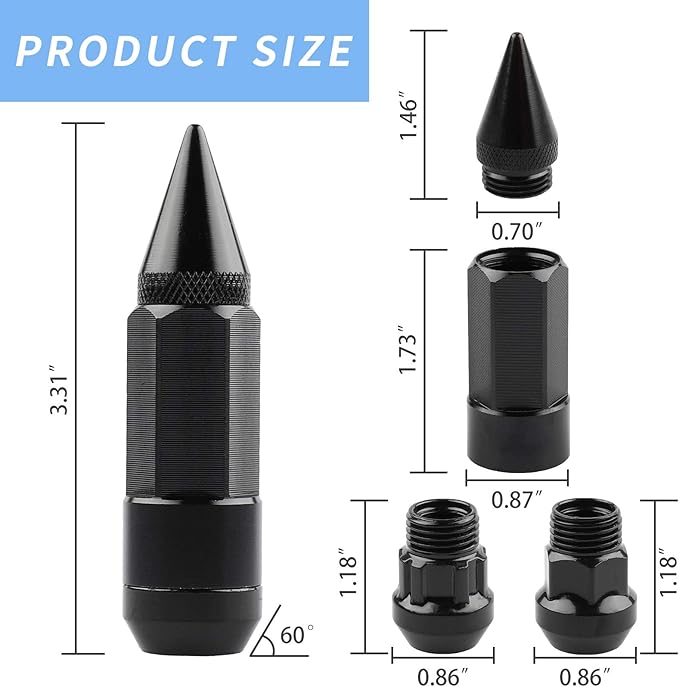 20Pcs Anti Theft Spikes Extended Tuner Wheel/Rims Lug Nut M12X1.5+Socket (Black)