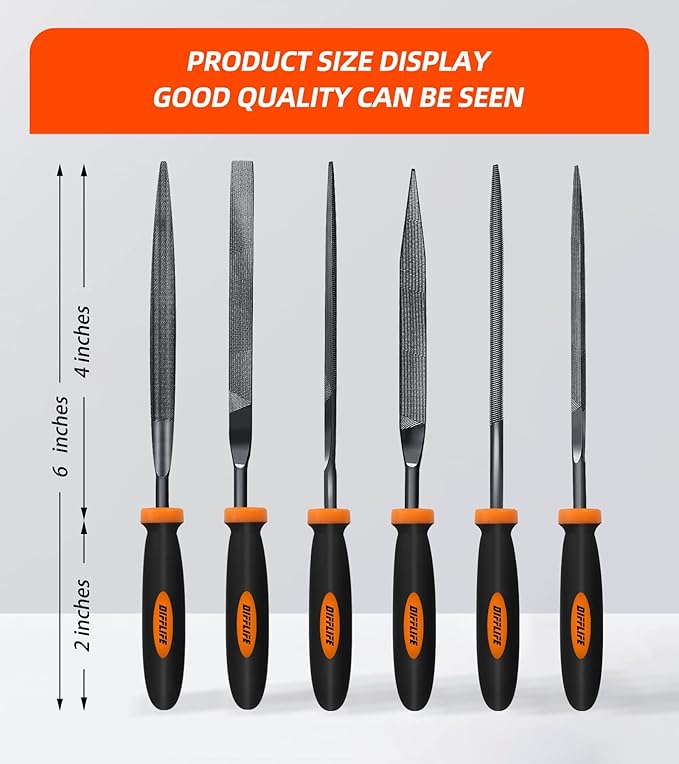 Needle File Set - Carbon Steel 6-Piece Set Includes Flat, Flat Warding, Square, Triangular, Round, Half-Round Files