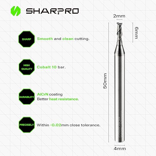 2MM End Mills 4MM Shank, 2 Flute Carbide Square Endmill with AlCrN Coated, Upcut Spiral CNC Router Bits for Alloy Steel, Metal and Stainless Steel