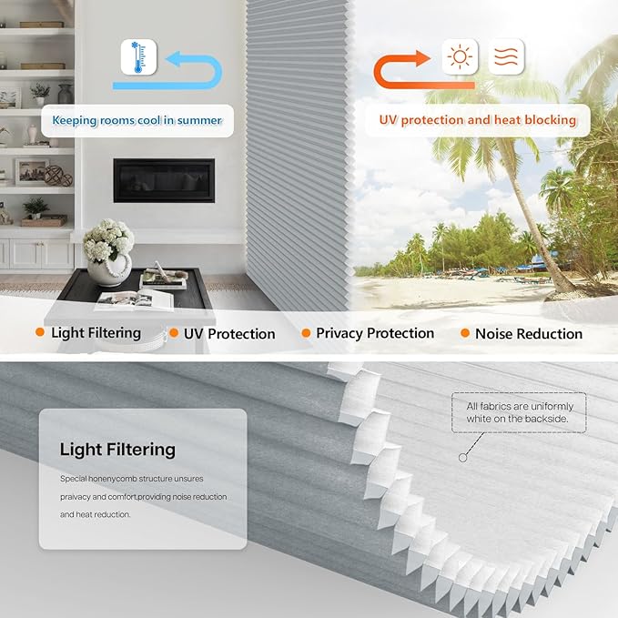 LazBlinds No Tools No Drill Cordless Cellular Shades, Top Down Bottom Up (TDBU) Honeycomb Shades for Home, Light Filtering Thermal Insulation Blinds for Windows, 55" W x 64" H, Dark Grey