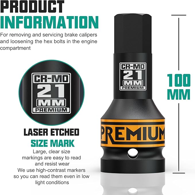 3/4" Drive H21 Impact Hex Bit Socket, 21 mm Allen Bit Socket, Metric, Cr-Mo Steel, Car Maintenance, Furniture Installation, Mechanic Use