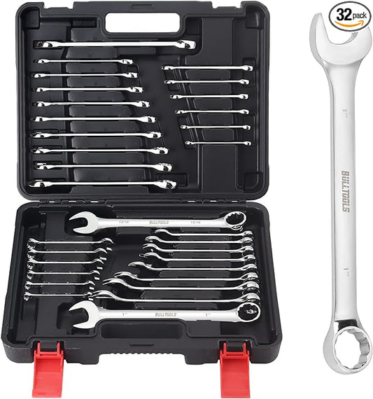 BULLTOOLS 32-Piece Combination Wrench Set, SAE and Metric 1/4"-1" & 7mm-22mm Wrenches Chrome Vanadium Steel Box End and Open End Standard Wrench Set with Case