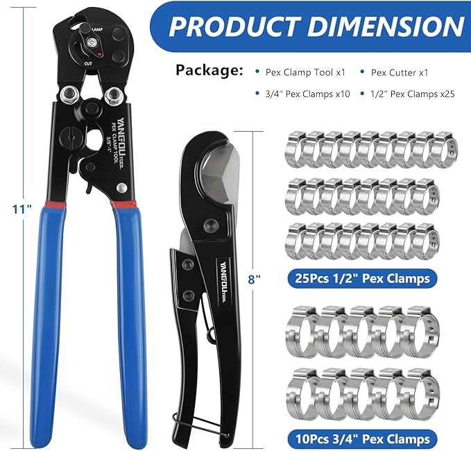 2 IN 1 Ratchet PEX Crimping Tool Kit - Cinch and Remove Dual Function Suitable for 3/8" to 1" Stainless Steel Clamps with Pex Cutter and Stainless Steel Pex Clamps 1/2" 25PCS, 3/4" 10PCS