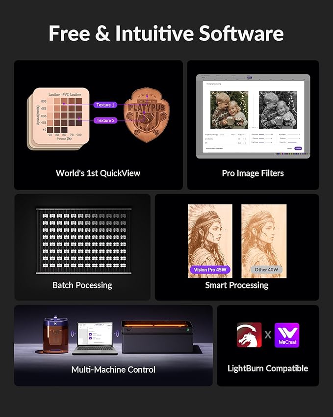 WECREAT Vision Pro 45W Laser Engraver and Cutter, with 137??Auto Conveyor Feeder & Fume Extractor, HD Camera & Auto-Lifting, Laser Cutter Cuts 1??Wood, Desktop Laser Engraver Machine for Woodworker