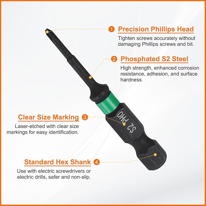 HARFINGTON 3pcs #0 Impact Phillips Screwdriver Bit PH0 1/4" Hex Shank 2" (50mm) Long 0.1" Rod Magnetic Cross Head Drill Bits S2 Steel Industrial Screw Driver for Impact Power Drivers