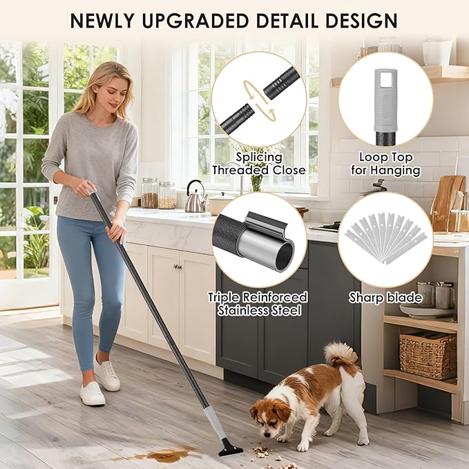 Heavy-Duty Floor Scraper, 4-Inch Razor Blade Scraper Tool, 49-Inch Long Handle, Includes 10 Extra Metal Blades, Paint Scraper for Cleaning Wall, Glass, Adhesives, Chewing Gum, Ceiling