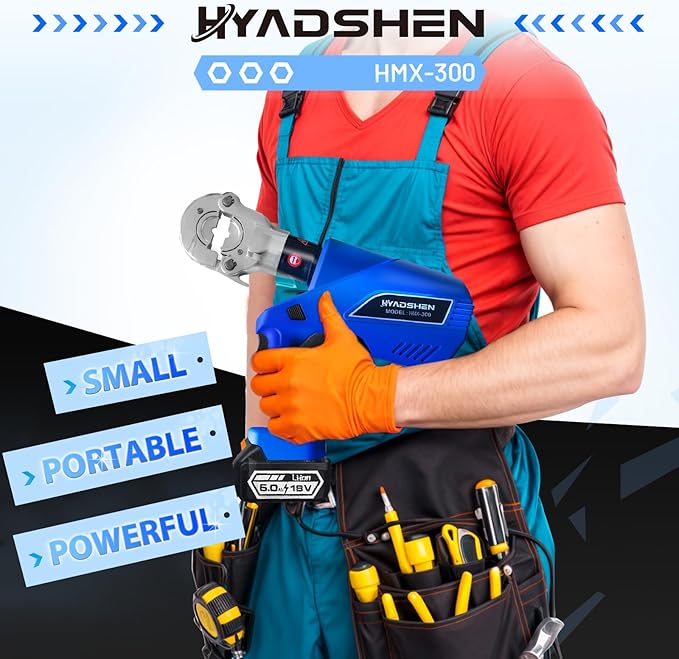 Electric Hydraulic Cable Lug Crimper Pliers Rechargeable Crimping Tool 6 Ton Electrical Terminal Cable Wire Fiber Crimper Kit with 11 Dies (HMX-300)