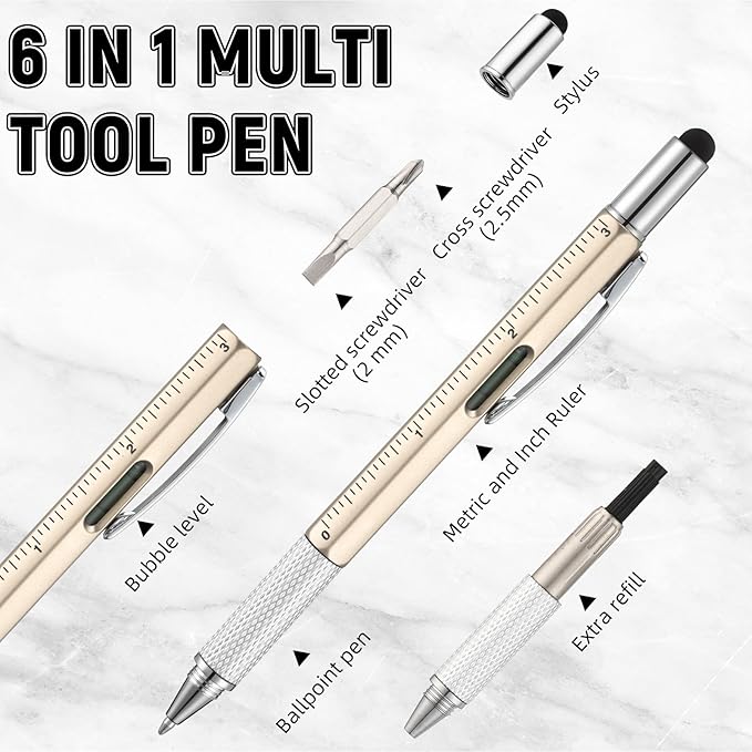 Yeaqee 40 Pcs Stocking Stuffers Bulk Gifts for Men 6 in 1 Party Favor Father's Christmas White Elephant Gifts Multi Tool Pens with Ruler, Level Gauge for Adult (Classic Color)
