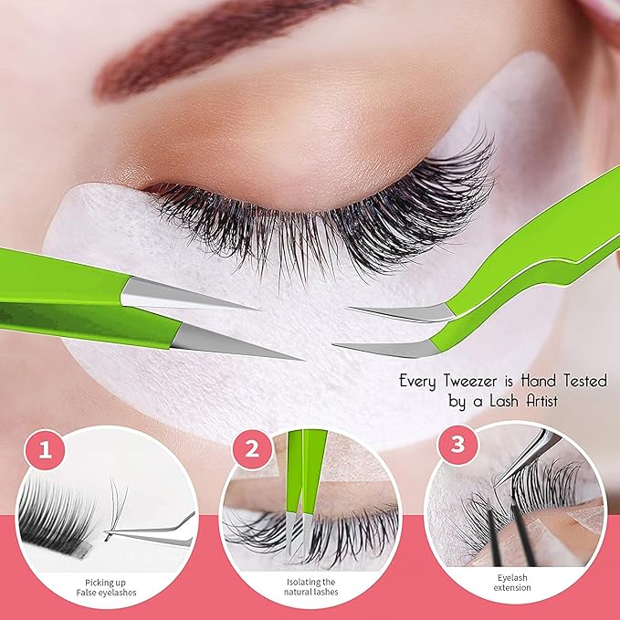 SIVOTE Lash Tweezers for Eyelash Extensions, Hand Calibrated Straight & Curved Tip, Pack of 2, Green