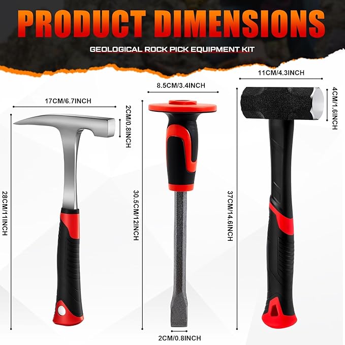 Lasnten 3 Pcs Geology Rock Pick Equipment Kit 33 oz Hammer 3lb Octagonal Hammer 12inch Chisels Tools for Geological Research Exploration, Rock Hounding, Stone Breaking, Prospecting, Mining (Red)