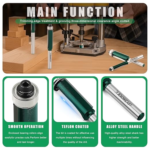 Knoweasy Professional Flush Trim Router Bit Set with 1/4 Inch Shank, 4PCS Top Bearing Router Bits for Woodworking, Includes 1/4, 5/16, 3/8 and 1/2 Inch Bearing Sizes