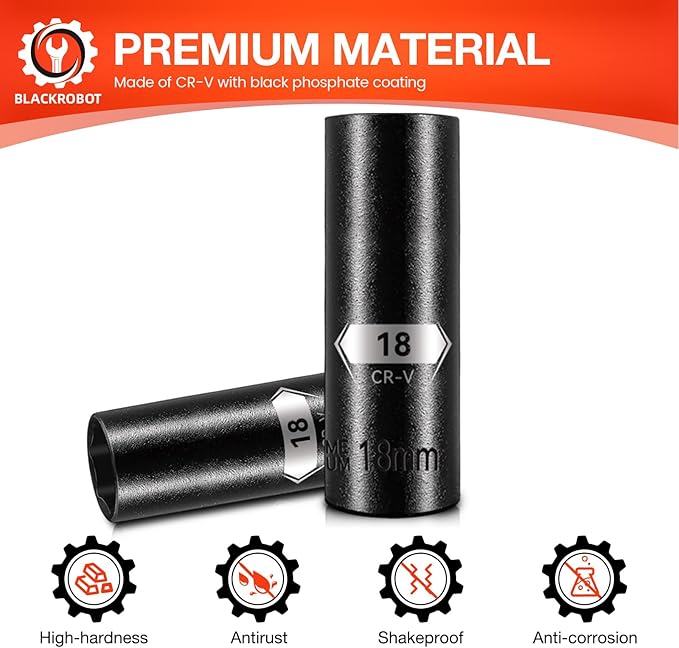 BLACKROBOT 1/2 Inch Drive 6-Point Deep Socket, 18mm Deep Impact Socket, CR-V Steel