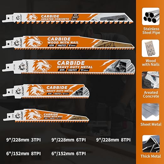 5 Pack Carbide Reciprocating Saw Blade Set, Premium Metal Blades Set for Nail Embedded Wood, Concrete, Heavy Metal, Cast Iron, Alloy Steel Cutting, Heavy-Duty for Demolition