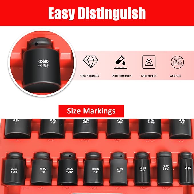 1/2" Inch Drive Deep Impact Socket Set,6-Point,SAE Sizes(1??2??,14 PCS,Cr-Mo Steel,Heavy Duty Impact Sockets for Automotive & Industrial Machinery,With a Storage Case