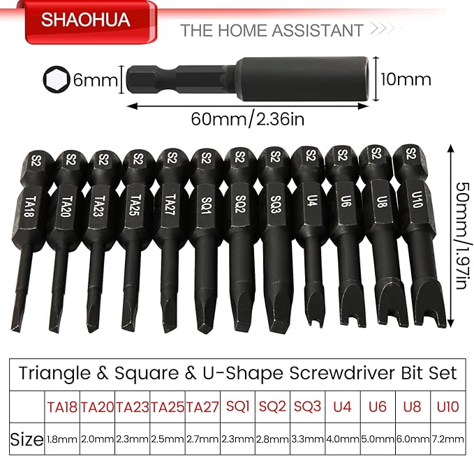 13PCS Screwdriver Bit Set, Triangle Screwdriver Set TA18-27, Square Drive Bits #1,2,3, Spanner Bit #4,6,8,10 with 1/4" Bit Holder, S2 Steel Hex Head Drill Bit Set, 1/4 Hex Impact Bit Set