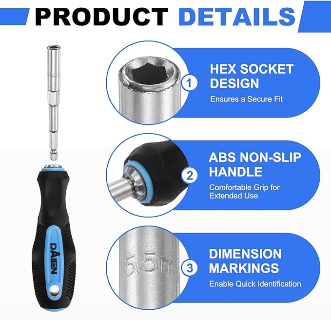 HARFINGTON Metric Nut Driver 5.5mm CR-V Non-Magnetic Detachable Tip Hollow Shafts Hex Socket Screwdriver with Anti-Slip Handle for Automobile Repair Bit Driver, Blue/Black
