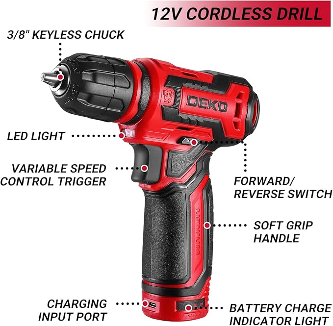 Drill Tool Set竊숿ool Kit with 12V Power Cordless Drill Hand Repair Tools Box with Drill, Home Tool Kits for Men & Women, Hand Drill Set Perfect for Homeowner, Diyer, Handyman - Red