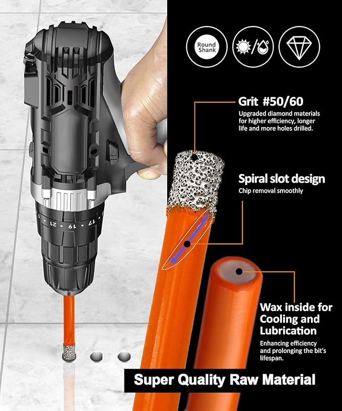 Dry Diamond Drill Bit Set,BGTEC 10pcs 1/4" 6mm Hole Saw for Granite,Marble,Masonry, Concrete, Tile/Ceramic, Glass, Hard Plastic,Vacuum Brazed Diamond Core Drill Bit Kit