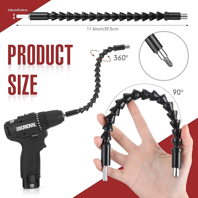 Therwen 18 Pcs Flexible Drill Bit Extension Set 105째 Right Angle Drill Bit Attachment 1/4, 3/8, 1/2 Inch Hex Adapter Socket Socket Wrench Bendable Magnetic Extender Screwdriver Electric Manual Tool