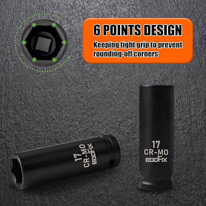 1/2" Drive Deep Impact Socket, 17mm Socket, CR-MO, Metric, 6 Point