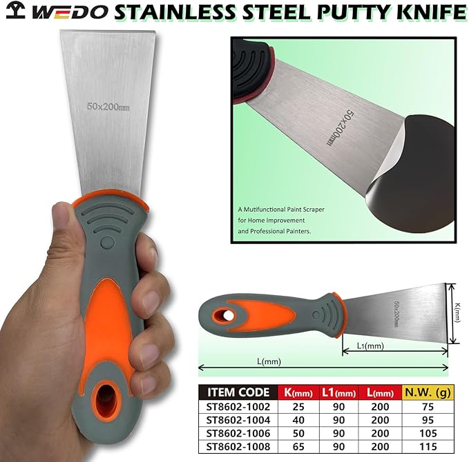 WEDO Putty Knife Scraper,1" Stainless Steel Scraper,25mm Dry Wall Taping Knife with Ergonomical Handle,Scraper Tool for Plaster Scraping Drywall Finishing,Length 200mm(8"),Corrosion Resistant