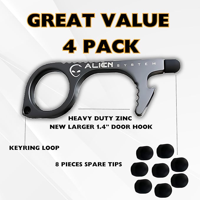 No Touch Door Opener tool 4 Pack - Premium keychain multitool - Hygienic Touch free Keychain tool - Touchscreen stylus, Button pusher, Bottle opener - Great for Employee appreciation gifts