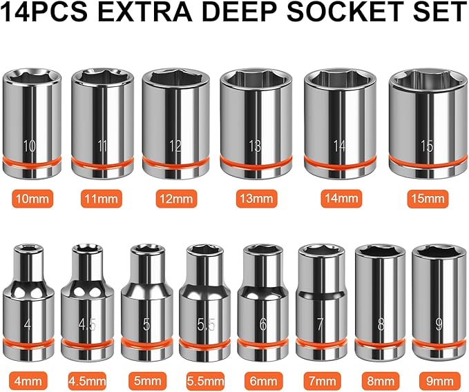 1/4" Drive Metric Master Socket Set, 14-Piece Shallow Hex Socket Set (4mm-15mm), Cover Most Commonly Sizes, 6 Point, Chrome Vanadium Steel with Molded Case