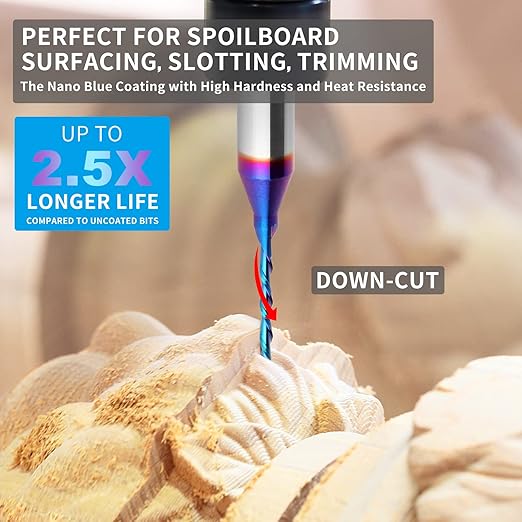 Downcut Spiral Router Bit 1/4 inch Shank, 1/16 inch Cutting Diameter Solid Carbide with Blue Nano Coated CNC Router Bits End Mill for Wood Carving, Engraving