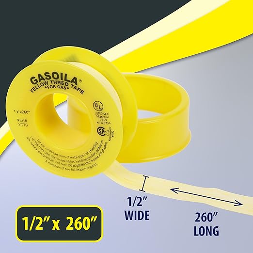 Gasoila Yellow PTFE Thread Seal Tape ??Professional-Grade, 1/2 Inch x 260 Inch, High-Density Thread Tape for Gas Lines??Leak-Proof Seal, Non-Toxic
