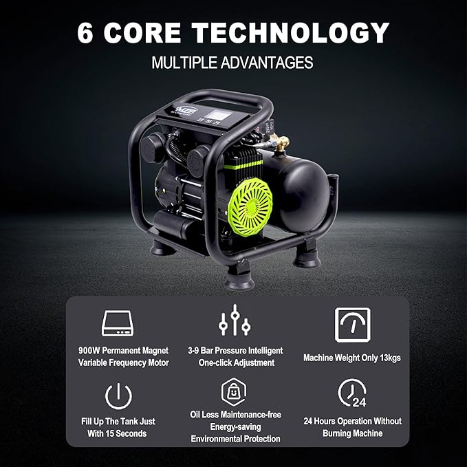MZB Ultra Quiet Air Compressor 110V/60Hz MAX 115PSI Steel Tanks Oil-Free 70dB Noise Level Air Compressor with Wheels for Spray Painting, Auto Repair, Carpentry Decoration (1.6 Gallon)