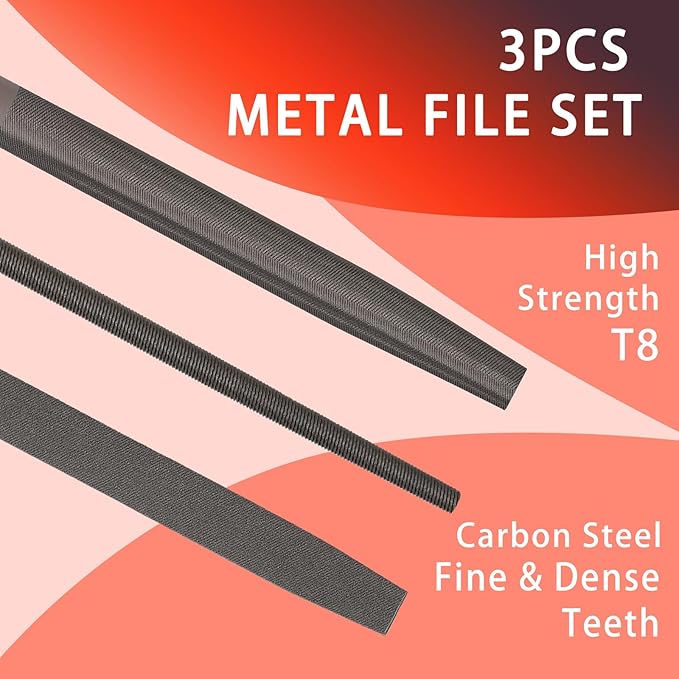 3-Piece 8-Inch Professional File Set, High Carbon Steel Metal Files with Flat/Half-Round/Round Shapes, Ideal for Metal, Wood, Plastic & DIY Projects