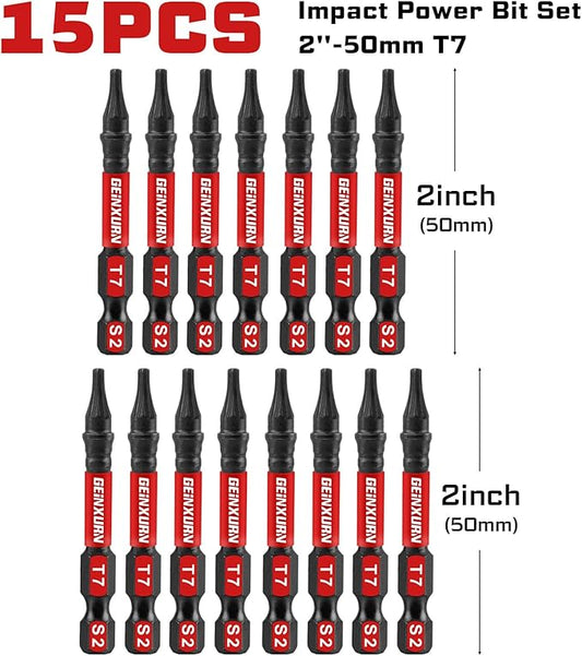 15 Pieces T7 Impact Tough Magnetic Screwdriver Bit Set, 2 In. #7 Torx Head power Bit Set, S2 Alloy Steel T7 Star Bit