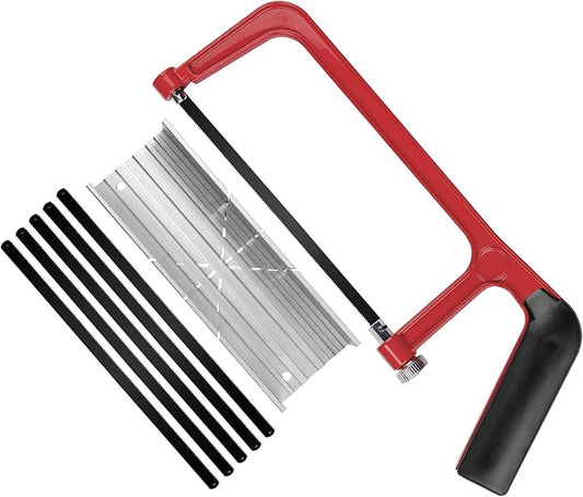 HAUTMEC Mini Hacksaw with Miter Box Set, 6" Hack Saw with Adjustable Cutting Angles & 6 Bi-Metal Blades, Compact Hand Saw for Wood, Metal, Plastic, Crafts, and DIY – HT0262