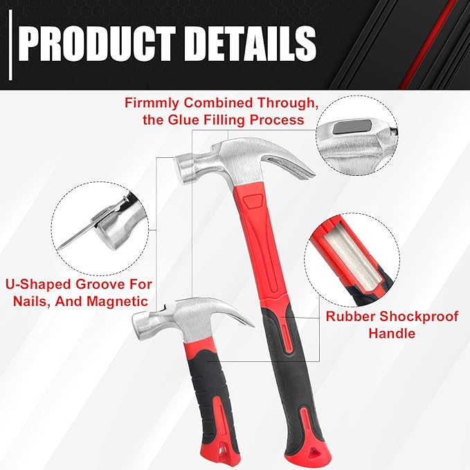 C&T 2 Piece Hammer Set,8oz Stubby Claw Hammer With Magnetic Nail Starter & 16oz Fiberglass General Purpose Claw Hammer & 560pcs Hardware Nail Assortment Kit, Soft Nonslip Handle & Heat Treated Head