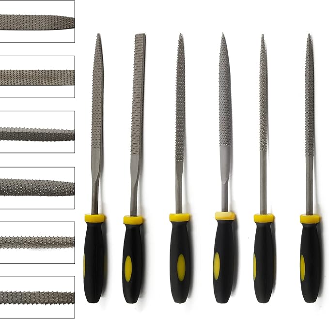 Bivethoi Metal Files Set of 6, Carbon Steel Rasp with Non-Slip TPR Rubberized Handle for Wood, Metal, Sharpening - Flat, Square, Triangle, Cylinder, Cone, Half-Round