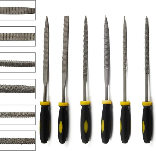 Bivethoi Metal Files Set of 6, Carbon Steel Rasp with Non-Slip TPR Rubberized Handle for Wood, Metal, Sharpening - Flat, Square, Triangle, Cylinder, Cone, Half-Round