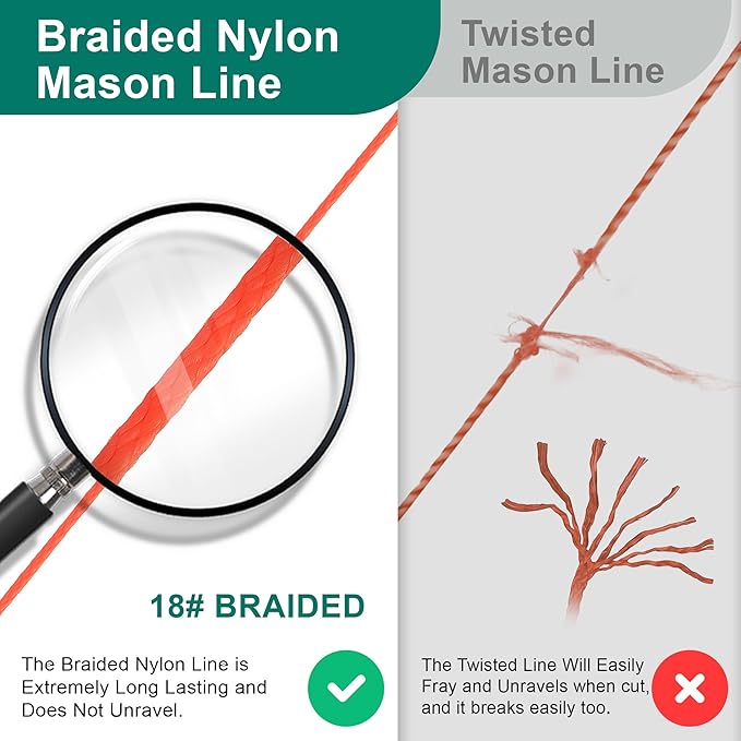 2 Pack Mason String Line Reel for Construction, Twisted 540 FT #18 Braided Nylon String with 10 Mason Line Level, High Visibility Braided Nylon Twine for Masonry Tools, Gardening, DIY(Orange)
