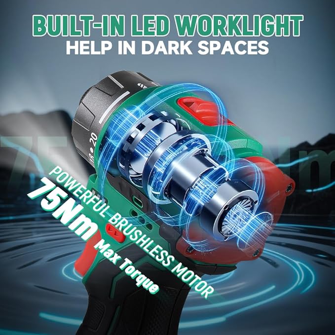 Hoteche Cordless Brushless Screwdriver - 2.0Ah Battery, 75Nm Torque, 1/4" Chuck, with Charger & LED Light