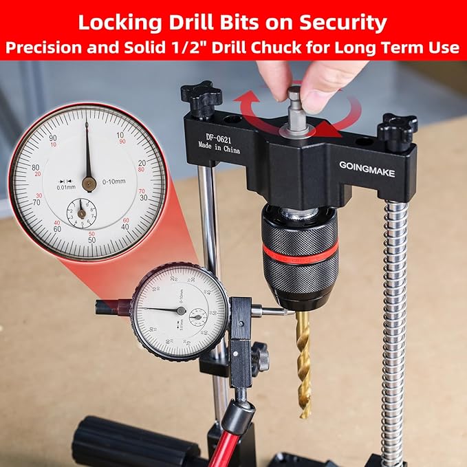 Portable Drill Guide for Straight Holes, Adjustable Portable Drill Press with 1/2" Chuck and Accurate Angle Stops, Precision Drilling Jig Attachment for 0 to 60° Angle for Hand Drill
