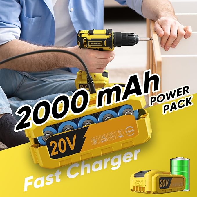 Cordless Drill Set, VIWKO 20V Power Drill with Power Pack 2.0Ah and Charger, 3/8-Inch Keyless Chuck Electricdrill, 25+1 Torque, 42pcs Drilldriver Bits/Screws for DIY Projects (Yellow)