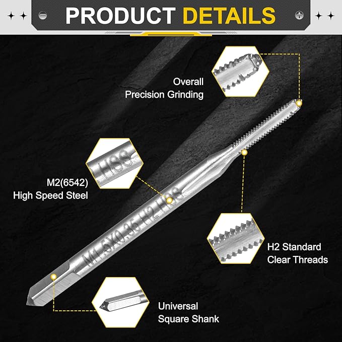 uxcell Hand Plug Tap M1.5 x 0.35 H2 Metric Thread Plug Style Taps Straight Flute Screw Tapping Threading Tool High Speed Steel HSS6542