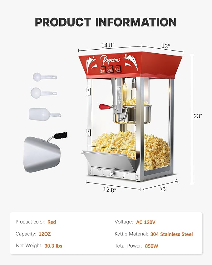 12 Oz Commercial Popcorn Machine, 850 W, Movie Theater Popcorn Machine, Red Tabletop Pop corn Machine with 3-Switch Control & Steel Frame Tempered Glass Doors for Home Theater
