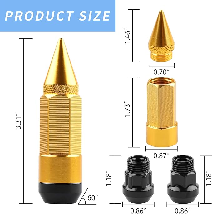 20Pcs Anti Theft Spiked Extended Tuner Wheel/Rims Lug Nut M12X1.5+Socket (Gold)
