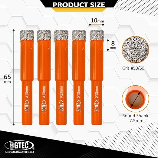 Dry Diamond Drill Bit Set,BGTEC 5pcs 3/8" 10mm Hole Saw for Granite,Marble,Masonry, Concrete, Tile/Ceramic, Glass, Hard Plastic,Vacuum Brazed Diamond Core Drill Bit Kit