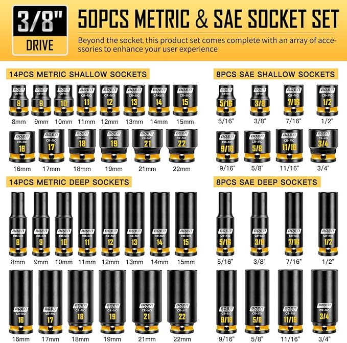 boen 3/8'' Drive Impact Socket Set, 50PCS Standard SAE (5/16 to 3/4 inch) and Metric (8mm-22mm), Deep & Shallow Size, 6-Point with Yellow Embossed Marking, CR-MO