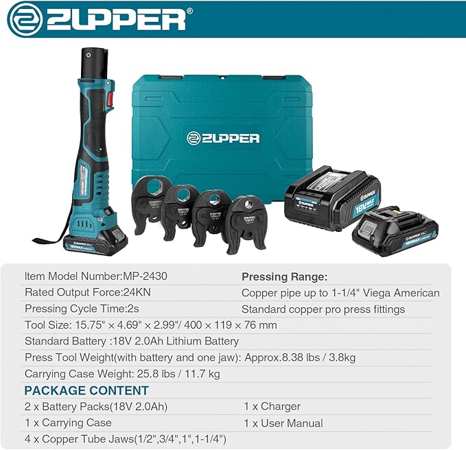ZUPPER Compact Pro Press Tool kit with 4 Copper Pro Press Jaws 1/2" to 1-1/4", Brushless Motor, 2pcs Battery, Fast Charger & Carrying Case