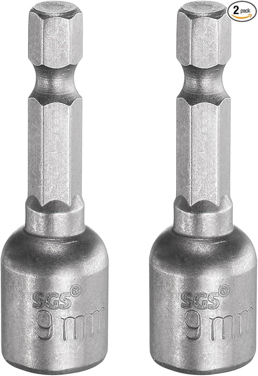 HARFINGTON 2pcs Nut Driver Drill Bit 9mm Metric Socket 1/4" Hex Shank 1.89" (48mm) Long Magnetic 6-Point Sockets Quick Change CR-V Steel Bolt Setters for Power Drill Drivers