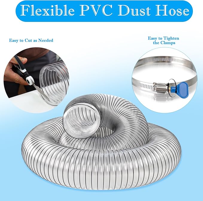 4" x 20' PVC Dust Collection Hose,4 Inch Dust Collector Vacuum Hose for Woodworking Dust Collection Systems,Dust Collection Tube Flexible Clear PVC Fume Debris Collection Hose w/Carbon Steel Wire